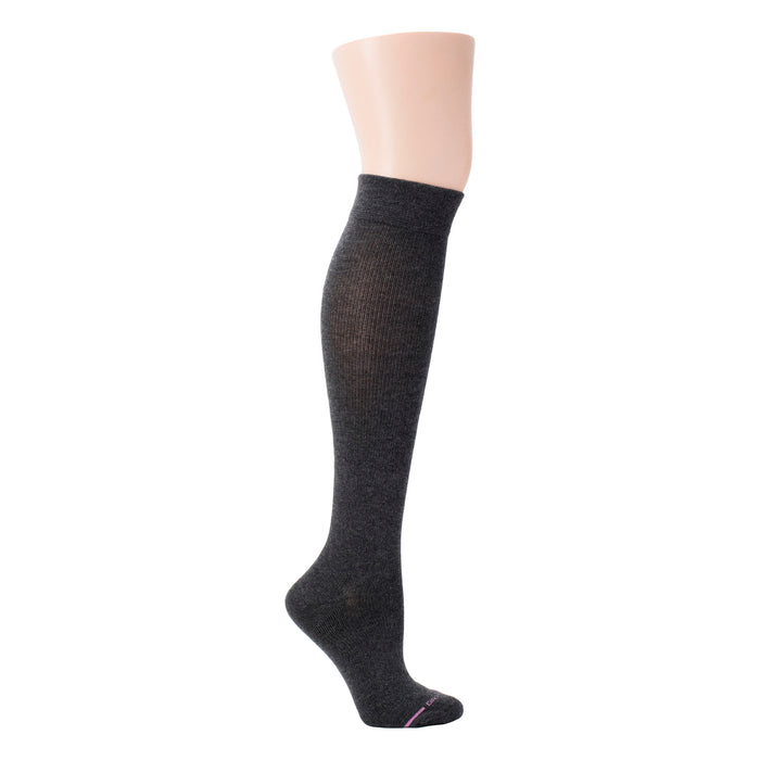 Knee-high compression sock in dark gray with a ribbed texture and a reinforced toe.