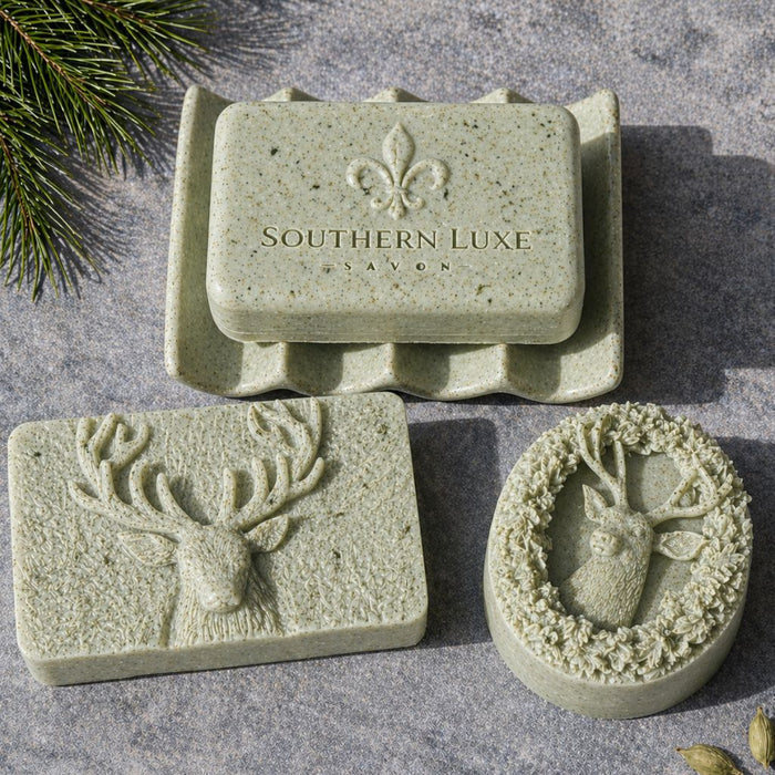 Sovereign Stag luxury bath bar with deer wreath and stag guest soaps by Southern Luxe Savon with argan oil and woodland scent