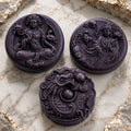 Three handcrafted Spiritual Gangster Thai dragon guest soaps in deep purple by Southern Luxe Savon