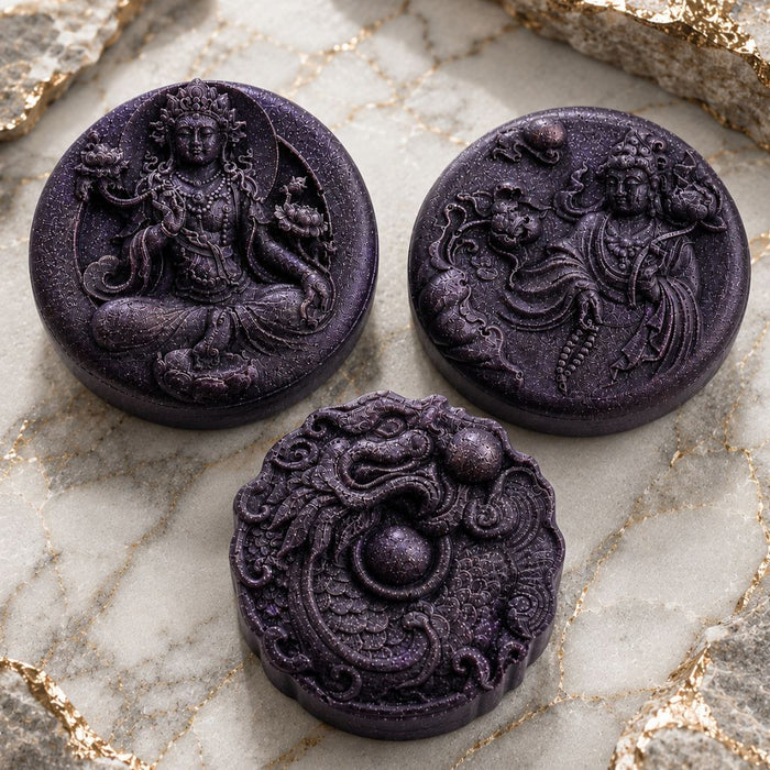 Three handcrafted Spiritual Gangster Thai dragon guest soaps in deep purple by Southern Luxe Savon