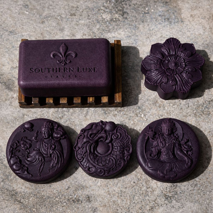 Spiritual Gangster luxury soap collection with bath bar, mandala, and Thai dragon guest soaps by Southern Luxe Savon