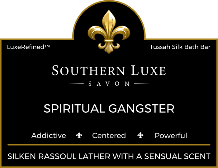 Spiritual Gangster 8.5 oz luxury men's bath bar label by Southern Luxe Savon handcrafted with Tussah silk and rich butters