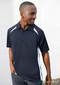 Mens navy blue splice polo shirt with white shoulder and side panels from Biz Collection Splice