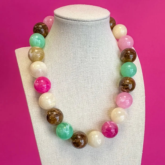 Statement Bead Necklace - Multi/Pink and Brown