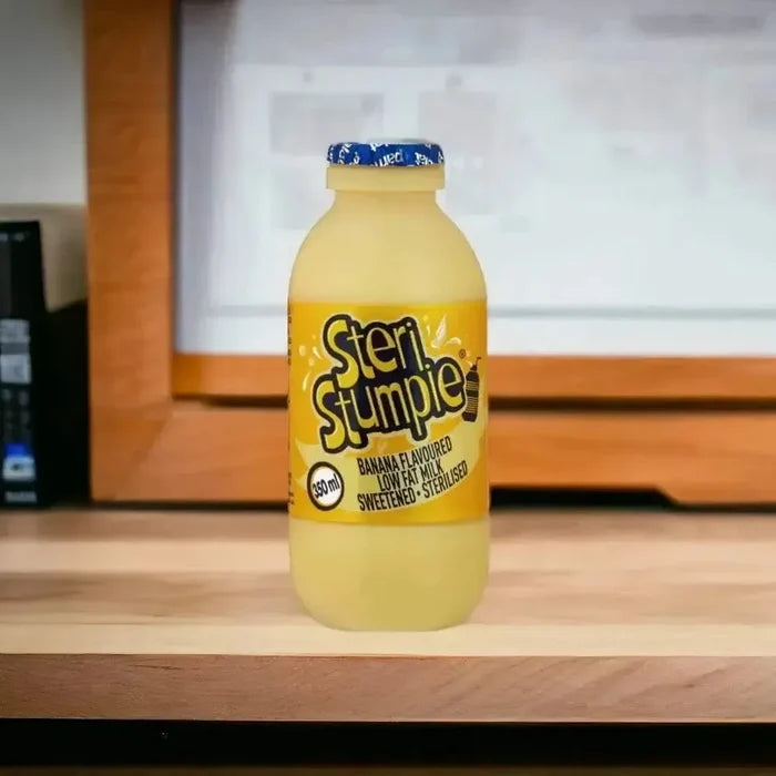 Steri Stumpie Banana Flavoured Low Fat Milk 350ml bottle with colorful branding
