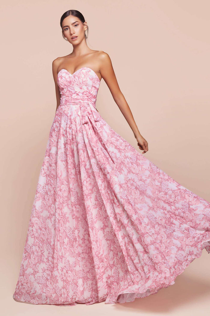 Pink Floral Chiffon Strapless Dress with sweetheart neckline and flowing A-line skirt, ideal for prom or bridesmaid wear.