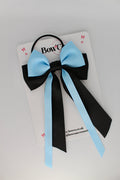 Streamer Tail School Hair Bow – Elastic - Black and Blue Topaz`