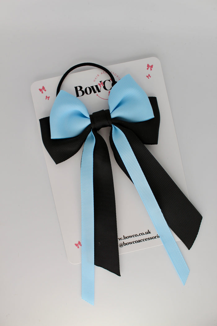 Streamer Tail School Hair Bow – Elastic - Black and Blue Topaz`