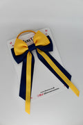 Streamer Tail School Hair Bow – Elastic - Navy Blue and Yellow Gold