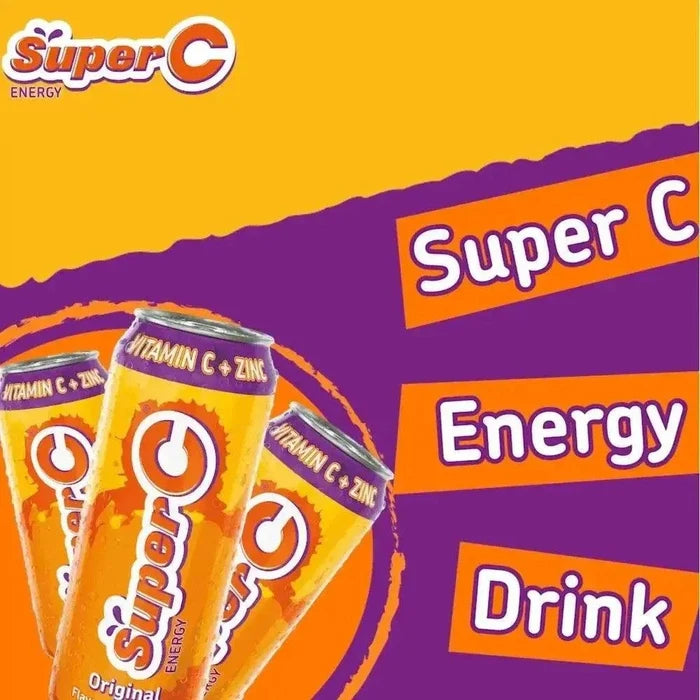 500ml can of Super C Energy Drink with citrus flavor and vitamin C boost