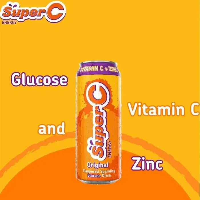 500ml can of Super C Energy Drink with citrus flavor and Vitamin C boost