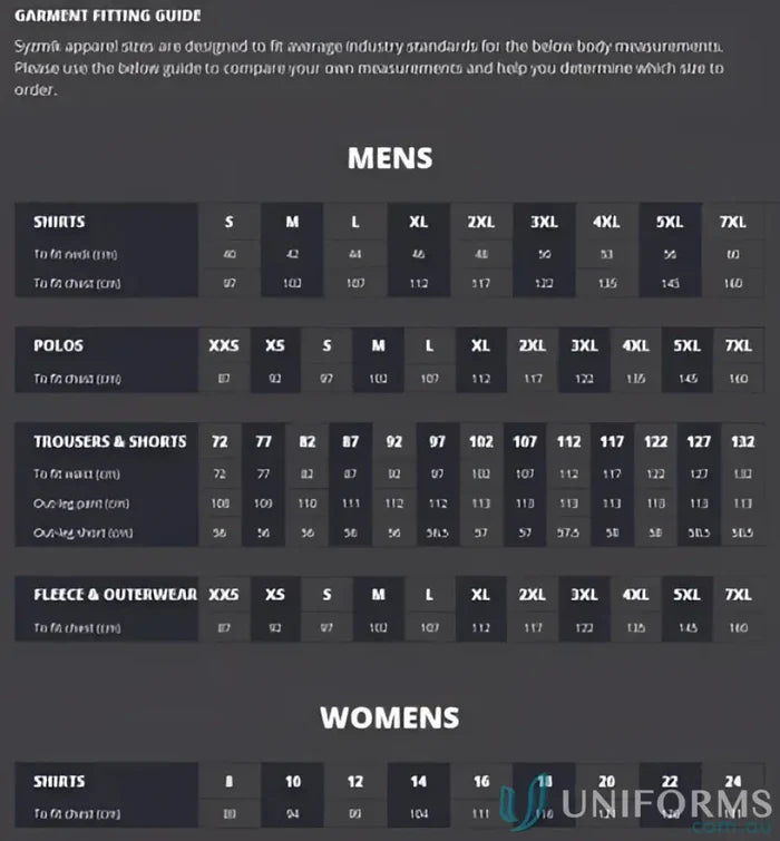 Apparel size guide for Szymic Unisex long sleeve polo ZH530 with Vis Segmented Tape