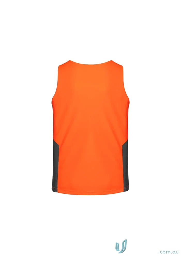 Orange and gray Syzmik Men’s HiVis Squad Singlet made with highly breathable fabric