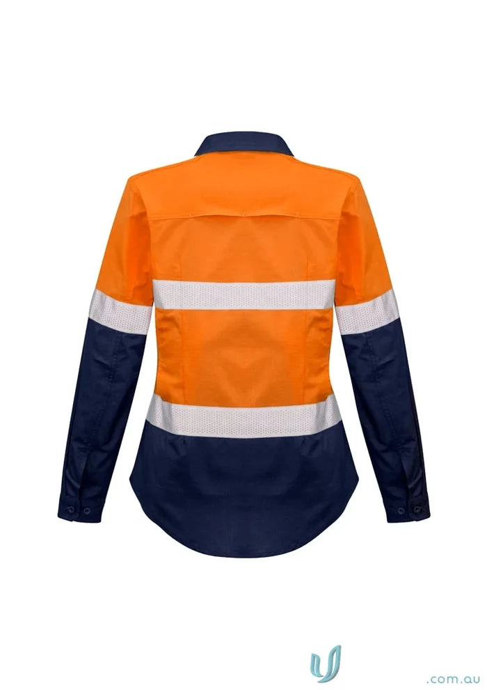Orange and navy blue Syzmik men’s closed safety shirt with mesh vent inserts zw550