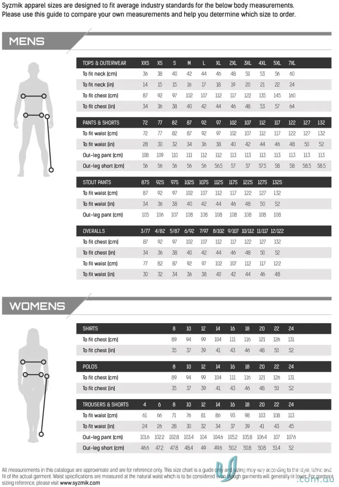 Syzmik Rugged Cooling Taped Cargo Pant size guide with mechanical stretch fabric for men