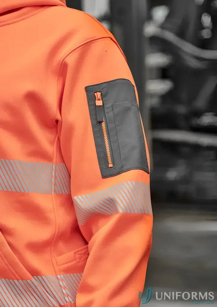 Orange hi-vis jacket with reflective tape and zip pocket from Syzmik Streetworx Hoodie.