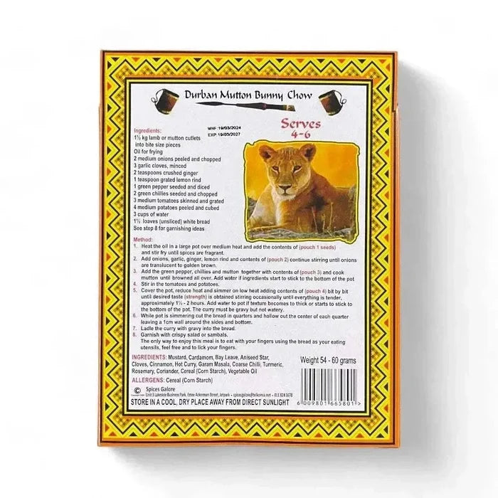 Taste of Africa Durban Mutton Bunny Chow spice mix packet with recipe for authentic South African dish