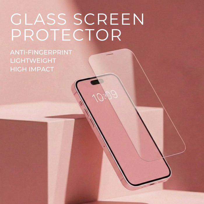 Coconut Lane tempered glass iPhone screen protector hovers above a pink phone on a matching pink background.