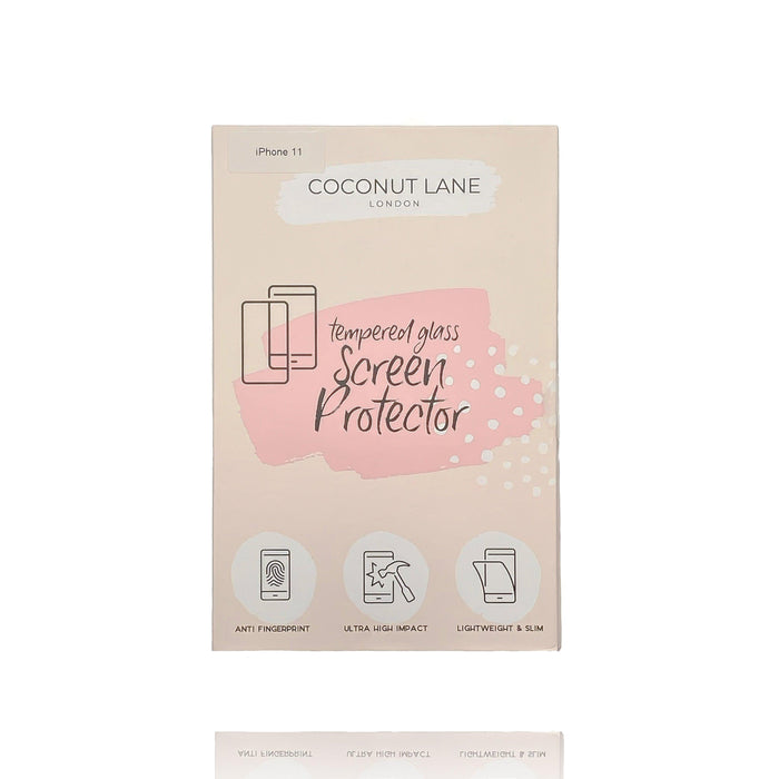 Clear Coconut Lane tempered glass iPhone screen protector with slim, glossy finish.