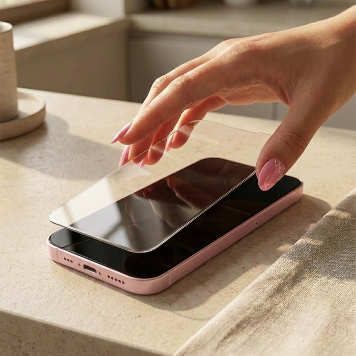 Hand installing Coconut Lane tempered glass screen protector on pink iPhone, beige surface underneath.