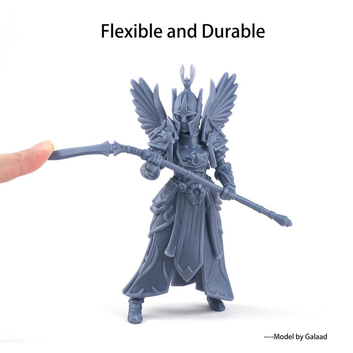 flexible resin 3D printed grey angel warrior miniature showing flex durability impact resist
