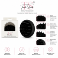 Tender Strings Scalp Massager shown with its retail box, product close-up, and feature callouts on a white background. The black oval-shaped scalp massager is displayed alongside several inset views of the textured head and marketing text about scalp exfoliation, circulation, shampoo use, and ergonomic grip.