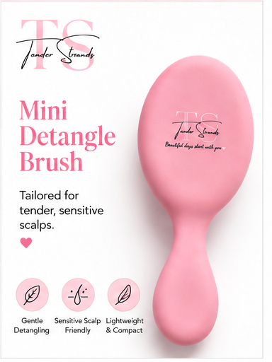 Pink Tender Strands Mini Detangle Brush shown on a white background with product text and feature icons. The brush has a smooth oval head and tapered handle, with the Tender Strands logo printed on the handle.