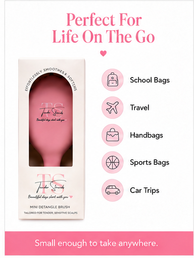 Pink mini detangle brush in its white packaging, displayed on a white background with pink text reading 'Perfect For Life On The Go' and icons listing use cases: school bags, travel, handbags, sports bags, and car trips.