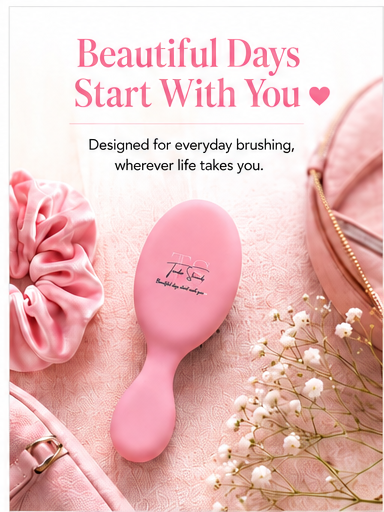 Pink oval hairbrush styled in a flat lay with pink accessories, white baby's breath flowers, and text reading 'Beautiful Days Start With You' and 'Designed for everyday brushing, wherever life takes you.'.