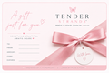 A pink gift card from Tender Strands, featuring elegant script text, a pink satin ribbon bow, and a round hanging tag that reads 'With love.'.