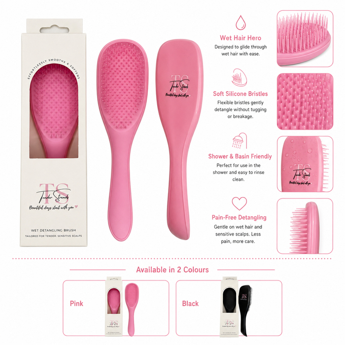 Pink Tender Strands Wet Detangling Brush  note that it is available in pink or black.