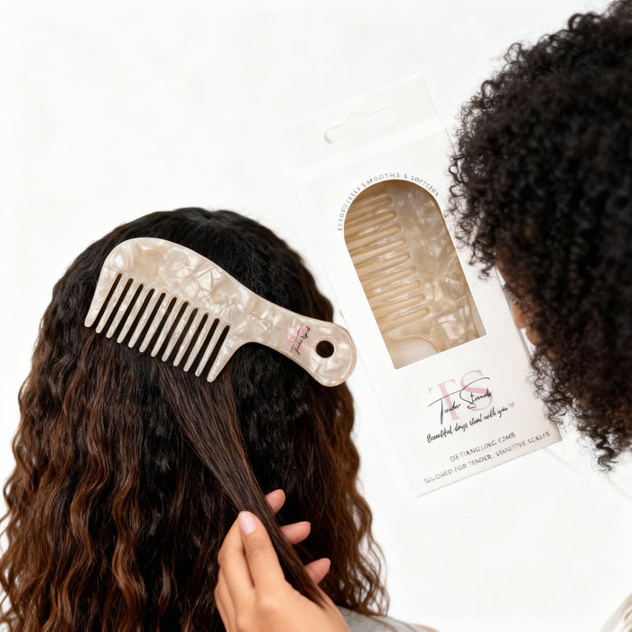Person using a hair comb on their hair with a branded comb in the foreground.