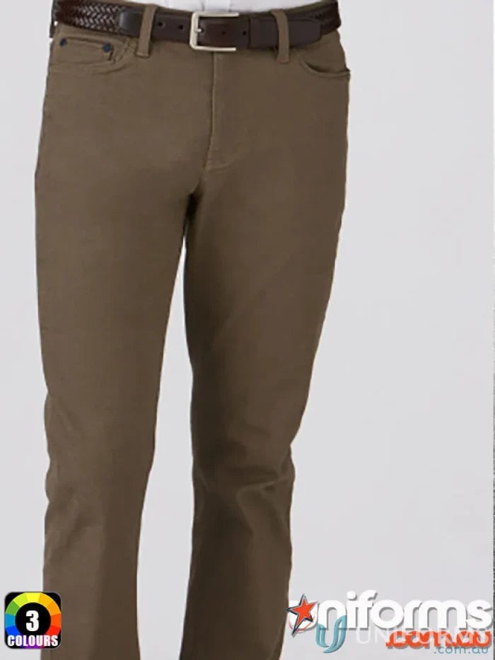The Mens R Jean brown men’s trousers with elastic waist and dark brown braided belt from City Collection