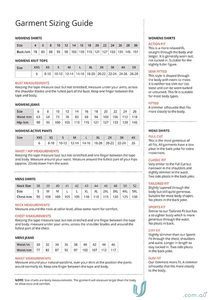 Garment sizing guide with measurements for Men’s R Jean from City Collection, perfect fit
