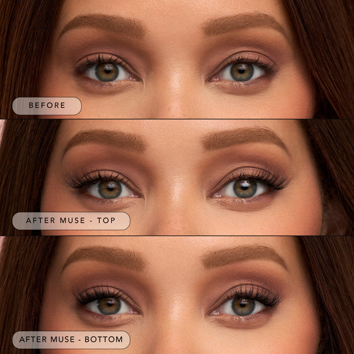 Before and after close-up of eyes showing Muse lash enhancement transformation