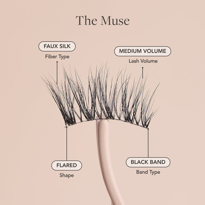 The Muse Half Lash infographic showing lash shape options and band types with Flared and Black Band labels