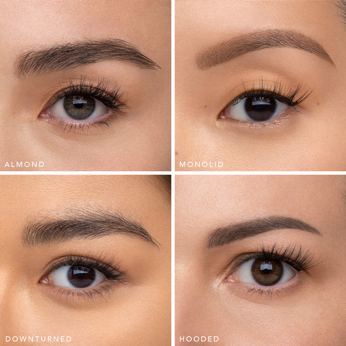 Collage of close ups comparing almond and monolid eye shapes with The Muse Half Lash, showing downturned and hooded lids