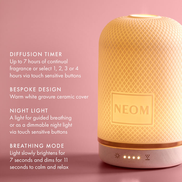 'DIFFUSION TIMER Up to 7 hours of continual fragrance or select 1,2,3 or 4 hours via touch sensitive buttons. BESPOKE DESIGN warm white gravure ceramic cover. NIGHT LIGHT A light for guided breathing as a dimmable night light via touch sensitive buttons. BREATHING MODE Light slowly brightens for 7 seconds and dims for 11 seconds to calm and relax"