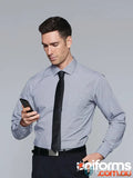 Man in Toorak long sleeve gray striped shirt with black tie, perfect for uniforms