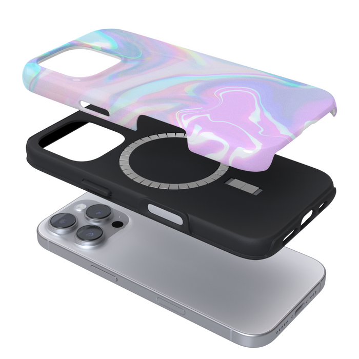 Coconut Lane Tough MagSafe® Phone Case in Holo Bubble, shown in separated layers with a black inner layer.