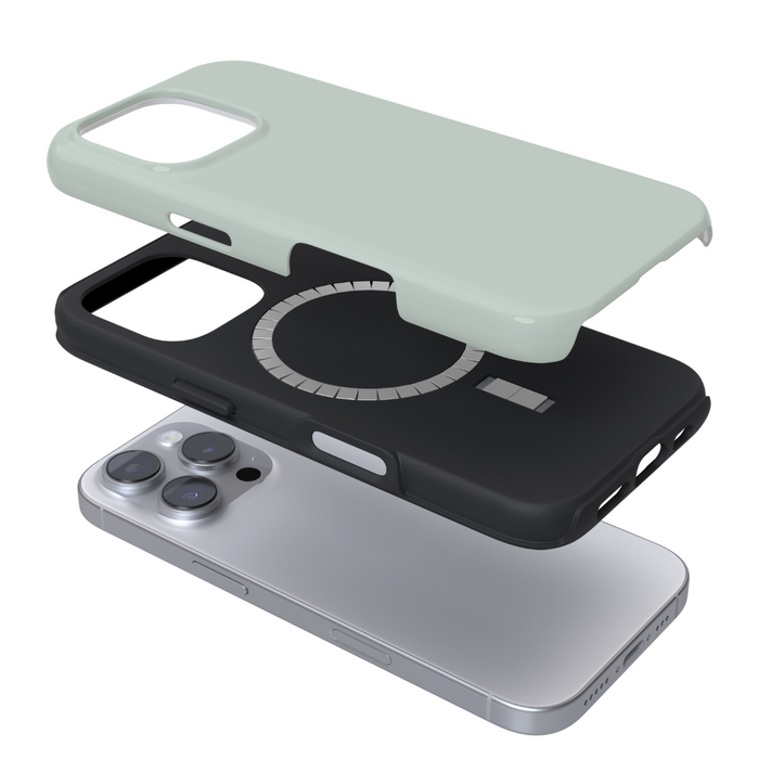 Coconut Lane Tough MagSafe phone case in NAKD Sage, mint with black and clear triple-layer design, displayed in sections.
