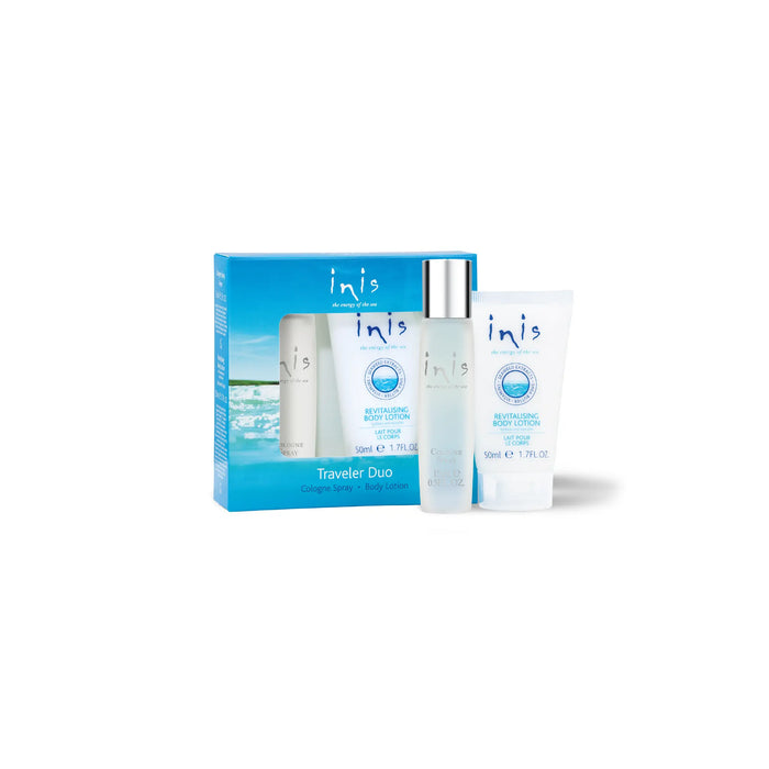 Inis skincare set with bottles and packaging on a white background