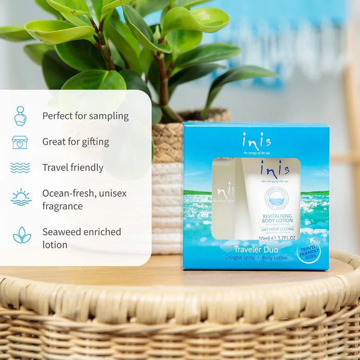 inis traveler duo packaging on a woven surface with plant in the background