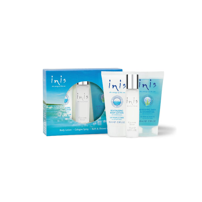 Inis skincare product set with bottles and packaging on a white background