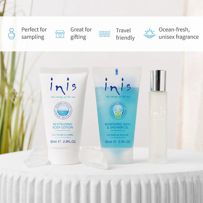 Three products with 'inis' branding on a white surface.