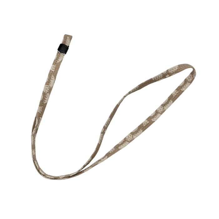 Introducing the Universal Phone Lanyard Patch Bundle from Coconut Lane: a stylish brown and beige camouflage-patterned lanyard, perfect as a phone accessory. It features a looped end and a black attachment piece near the top. Crafted from fabric, it lies flat on a white background.