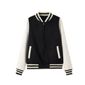 Black and cream varsity wool blend ladies jacket with ribbed knit collar cuffs and hem perfect for work uniforms