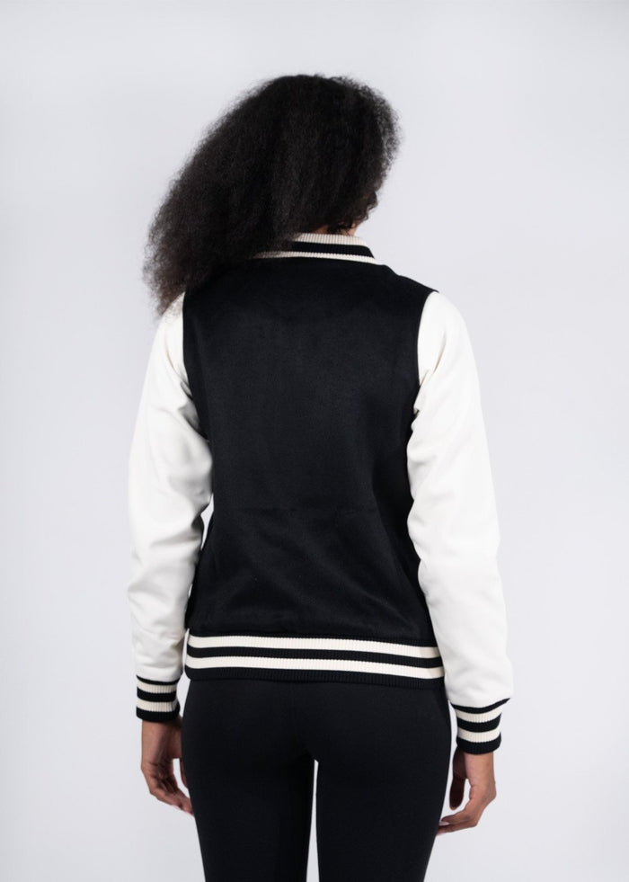 Black and white varsity wool blend ladies jacket with ribbed cuffs collar trim and waistband perfect for workwear uniforms
