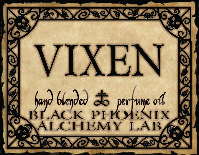 Vixen perfume label with decorative border and text