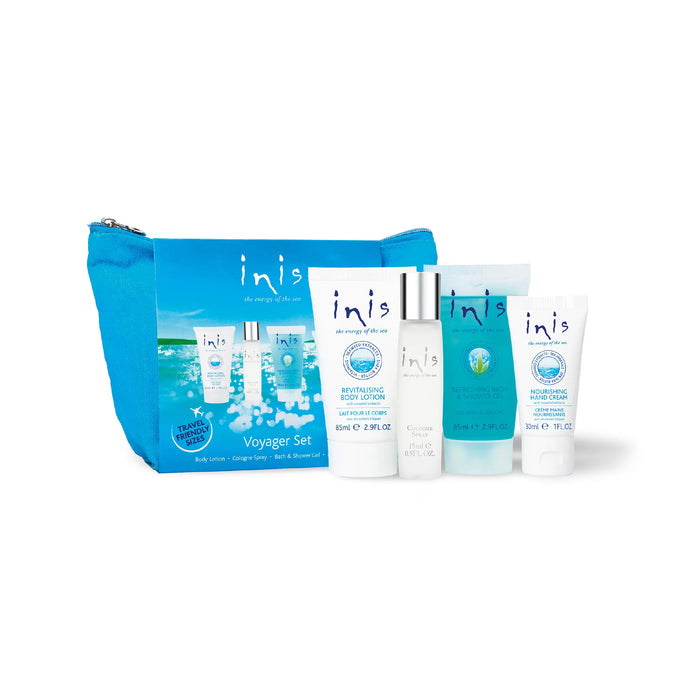 Inis Voyager gift set featuring a bright blue zippered pouch and four products, displayed on a clean white background.